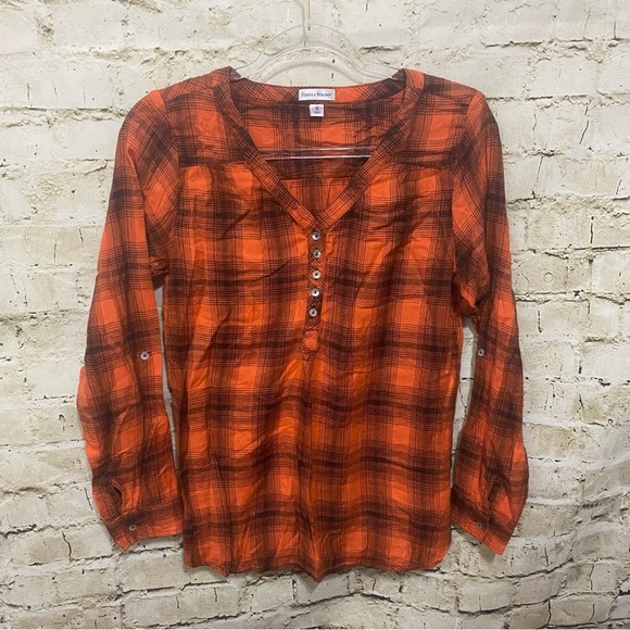 Rebecca Malone Orange Black Plaid V Neck Tab Sleeve Popover Top - Picture 1 of 6